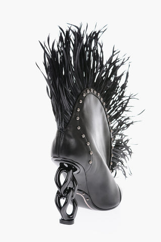 11cm leather IZABEL booties with chain-shape heel and feathers