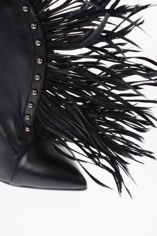 11cm leather IZABEL booties with chain-shape heel and feathers