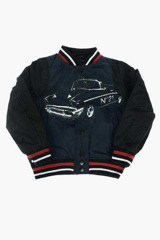 printed bomber with snap buttons