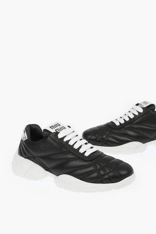 Padded Leather Lace-up Sneakers with Lettering Logo