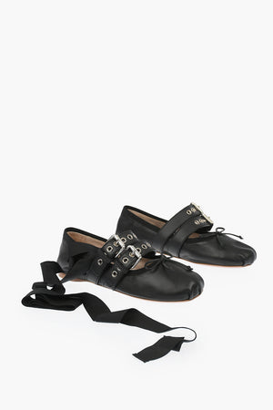 Ankle Tape Double Strap Leather Ballet Flats