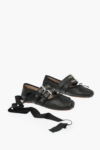 Ankle Tape Double Strap Leather Ballet Flats