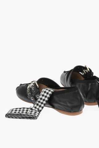Ballerine in Pelle con Doppio Cinturino e Nastro alla Caviglia
