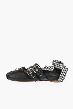 Ankle Tape Double Strap Leather Ballet Flats