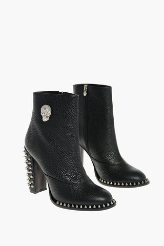 Leather PAXSON Booties with Studded Heel and Rhinestoned Skull Embellishment 12 cm