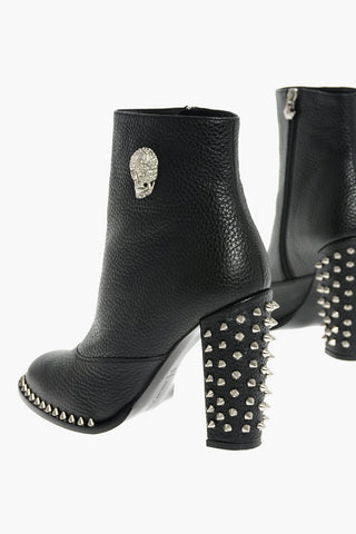 Leather PAXSON Booties with Studded Heel and Rhinestoned Skull Embellishment 12 cm