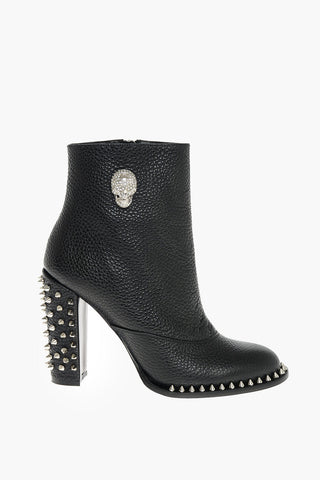 Leather PAXSON Booties with Studded Heel and Rhinestoned Skull Embellishment 12 cm