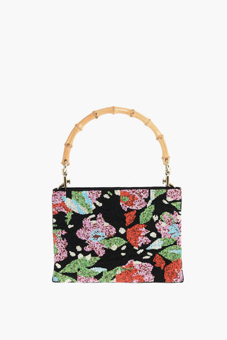 Bamboo Handle Bead Embroidered Canvas Hand Bag