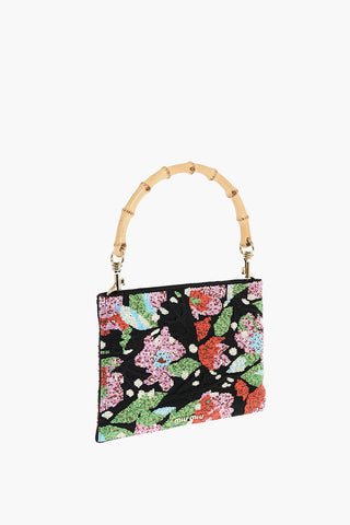 Bamboo Handle Bead Embroidered Canvas Hand Bag