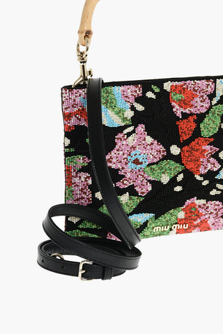 Bamboo Handle Bead Embroidered Canvas Hand Bag