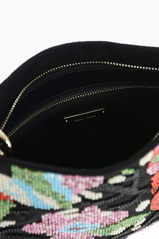Bamboo Handle Bead Embroidered Canvas Hand Bag