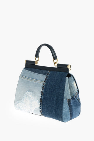 Borsa a Mano in Denim Patchwork SICILY con Manico in Pelle