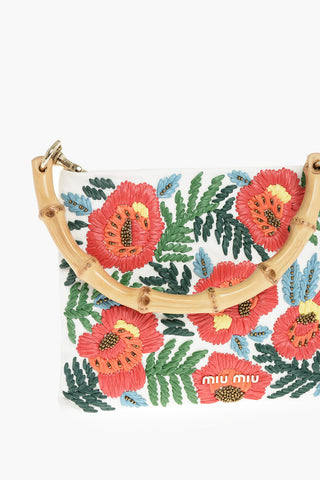 Bamboo Handle Embroidered Canvas Hand Bag