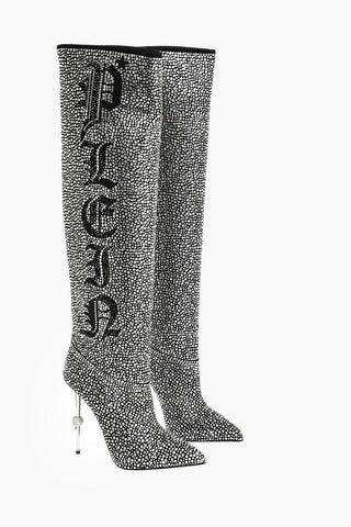 13cm leather over the knee boots with all over crystal