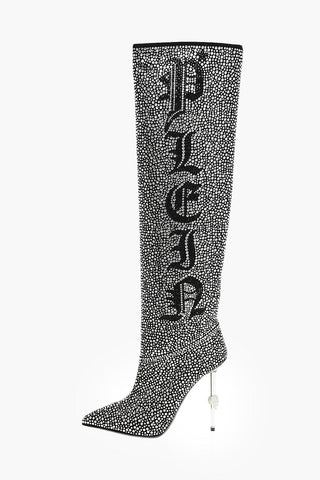 13cm leather over the knee boots with all over crystal