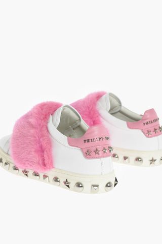 EST.1978 leather sneakers with studs and real fur details
