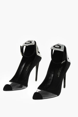 10.5cm suede leather ankle strap pumps with rhinestone embellishment