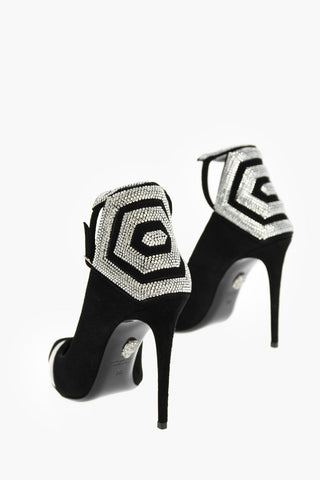 10.5cm suede leather ankle strap pumps with rhinestone embellishment