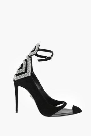 10.5cm suede leather ankle strap pumps with rhinestone embellishment