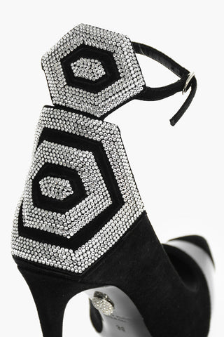 10.5cm suede leather ankle strap pumps with rhinestone embellishment