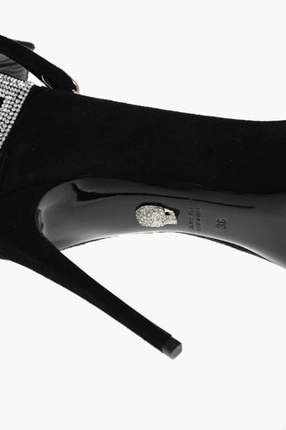 10.5cm suede leather ankle strap pumps with rhinestone embellishment