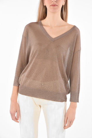 V Neck 3/4-Sleeved Lurex Sweater