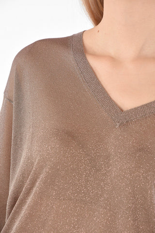 V Neck 3/4-Sleeved Lurex Sweater
