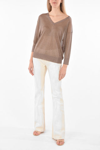 V Neck 3/4-Sleeved Lurex Sweater