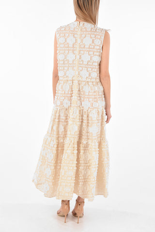 Lace-up Detail Jacquard Flared Maxi Dress