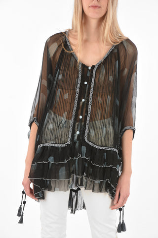 Batwing Sleeved Polka Dot Patterned Silk Shirt