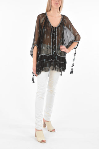 Batwing Sleeved Polka Dot Patterned Silk Shirt