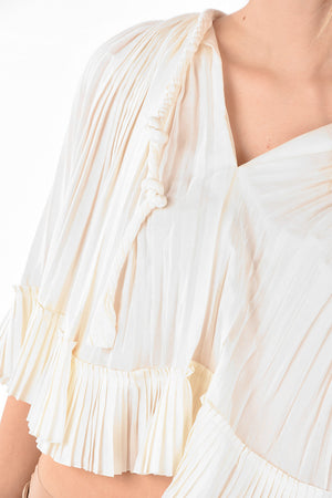 Butterfly-sleeved Pleated Silk Top