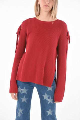 Crew Neck Side Split Sweater with Lace-up Detail