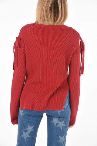 Crew Neck Side Split Sweater with Lace-up Detail