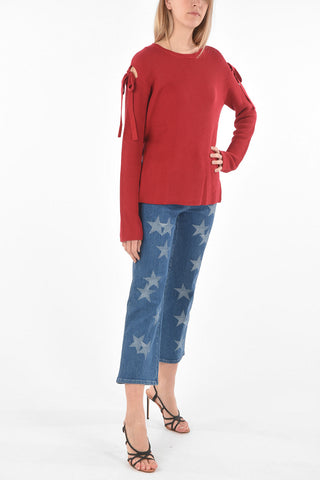Crew Neck Side Split Sweater with Lace-up Detail