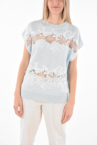 Batwing Sleeved Lace Insert Cotton Top