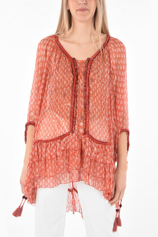 Batwing Sleeved Floral Patterned Silk Shirt