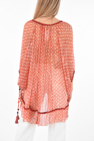 Batwing Sleeved Floral Patterned Silk Shirt