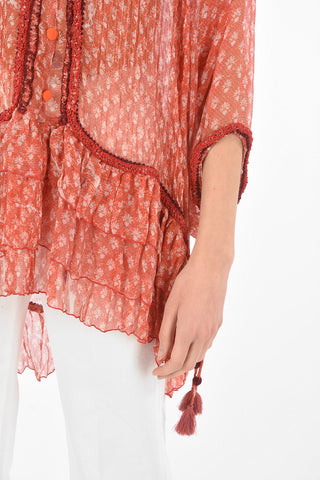 Batwing Sleeved Floral Patterned Silk Shirt