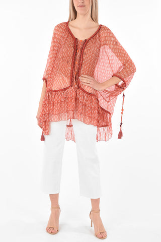 Batwing Sleeved Floral Patterned Silk Shirt