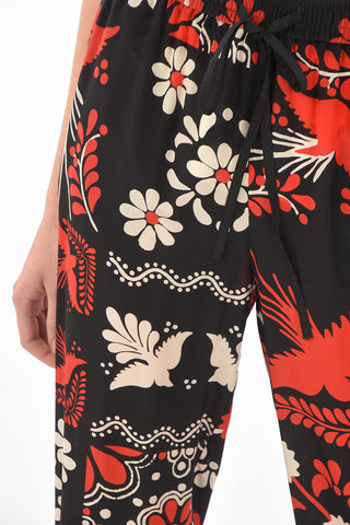 Elastic Waistband Floral Patterned Silk Pants