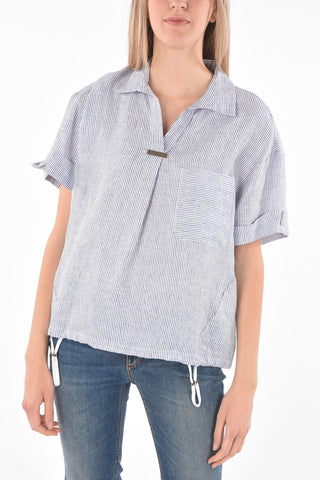 Blusa in Lino a Maniche Corte con Taschino