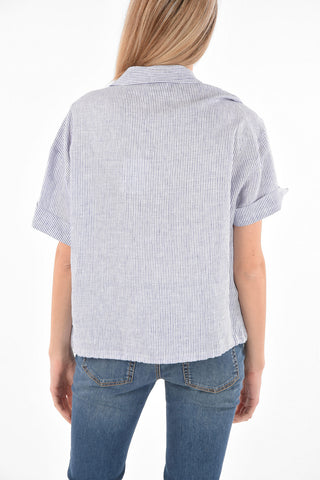 Blusa in Lino a Maniche Corte con Taschino