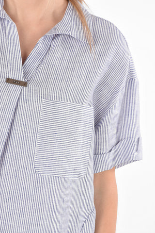 Blusa in Lino a Maniche Corte con Taschino