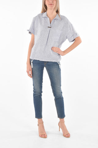 Blusa in Lino a Maniche Corte con Taschino