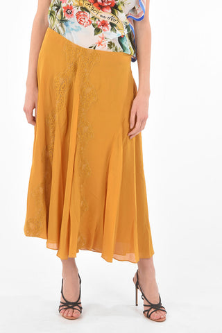 Side Zipped Silk Midi Skirt with Lace Detail