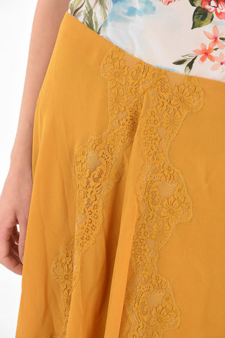 Side Zipped Silk Midi Skirt with Lace Detail