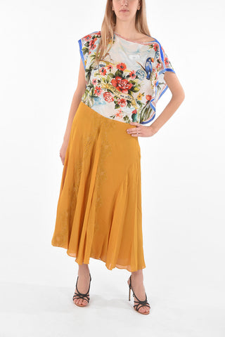 Side Zipped Silk Midi Skirt with Lace Detail