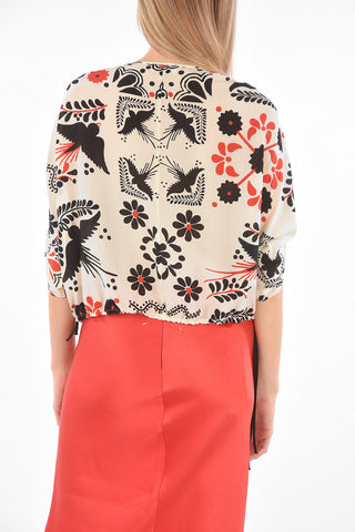 Lace-up Detail Floral Printed Silk Blouse