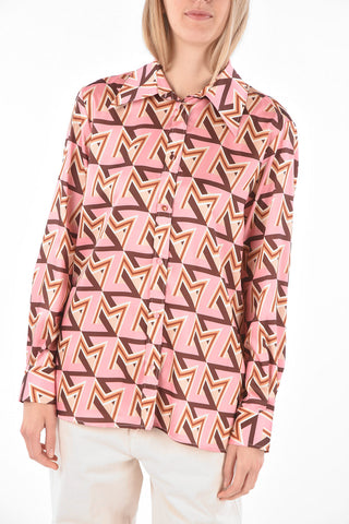 Straight Collar Monogram Patterned Satin Shirt